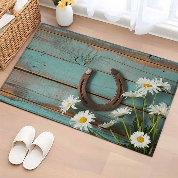 Daisy Flower 2'x3' Rug, Vintage Horseshoes Farmhouse Wooden Grain Teal Non-Slip Soft Doormat Area Rugs for Entrance Bathroom Bedsides, Front Doormat Carpet for Kitchen Bedroom, Entryway Floor Mat