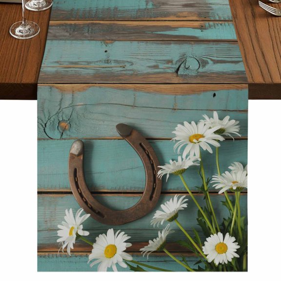 Daisy Flower 36 Inch Table Runner, Vintage Horseshoes Farmhouse Wooden Grain Teal Farmhouse Dresser Scarf Cotton & Linen Tablerunner for Dining/Kitchen Island/Holiday Party Décor Small 13" x 36"