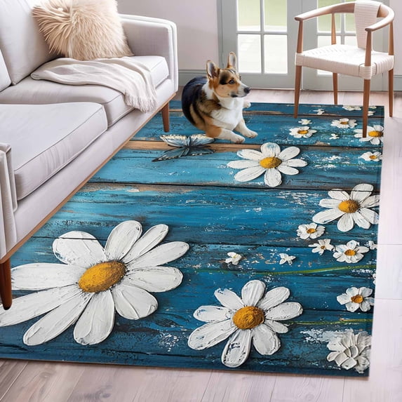Daisy Flower Area Rugs 3x5 ft Rustic Blue Wood Grain Pastoral Butterfly Vintage Washable Rug Non Slip Indoor Carpet Absorbent Floor Mat for Living Room Bedroom Dining Room