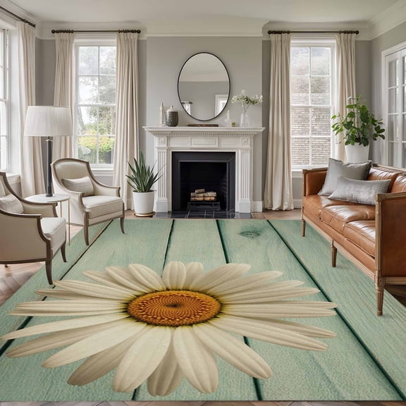 Daisy Flower Area Rugs 6'x9', Washable Small Throw Rugs for Kitchen Dining room, Modern Art Floral Farmhouse Teal Wooden Grain Indoor Outdoor Rug Non-Slip Low Pile Carpet Runner Reversible Floor Mats