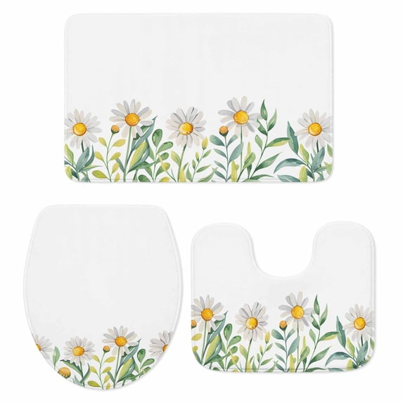 Daisy Flower Bath Mat 3 Piece Bathroom Rug Set, Garden Floral Green Leaf Summer Spring Non Slip Bath Rug Contour Mat and Toilet Lid Cover, Absorbent Shower Mats Soft Bath Rugs and Mats Sets
