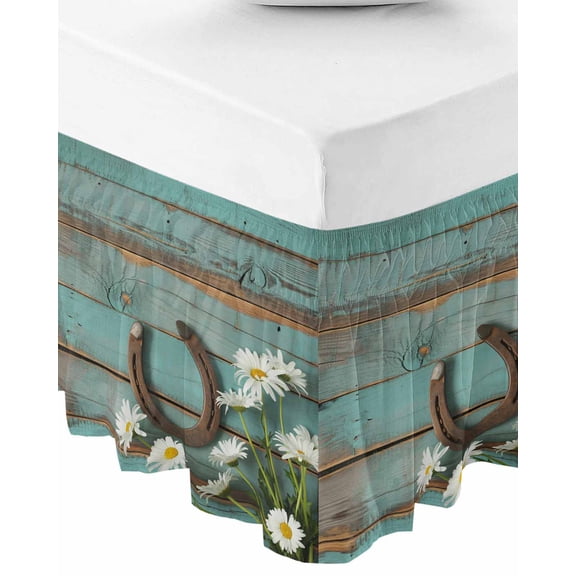 Daisy Flower Bed Skirt Queen Size 16 Inch Drop, Wrap Around Bed Skirts, Vintage Horseshoes Farmhouse Wooden Grain Teal Elastic Bedskirt Pleated Bed Frame Cover Luxurious Dust Ruffle for Queen Bed