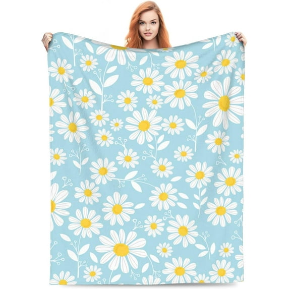 Daisy Flower Blanket Gifts for Women Girls Soft Warm Lightweight Cozy Blue Floral Throw Blankets for Bed Sofa Living Room Couch Home Decor 80"x60"
