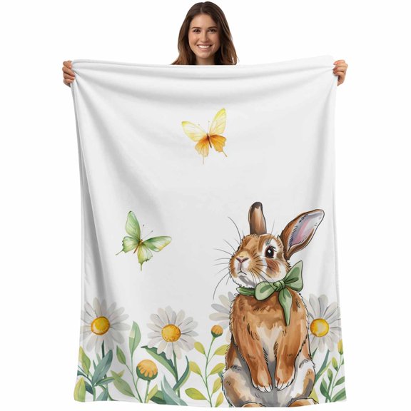 Daisy Flower Blanket Soft Cozy Warm Throw Blanket for Couch, Plush Fuzzy Flannel Fleece Blankets for Sofa, Country Rabbit Floral Wildflower Butterfly Bed Blankets Lightweight Gifts for Women, 30"x40"