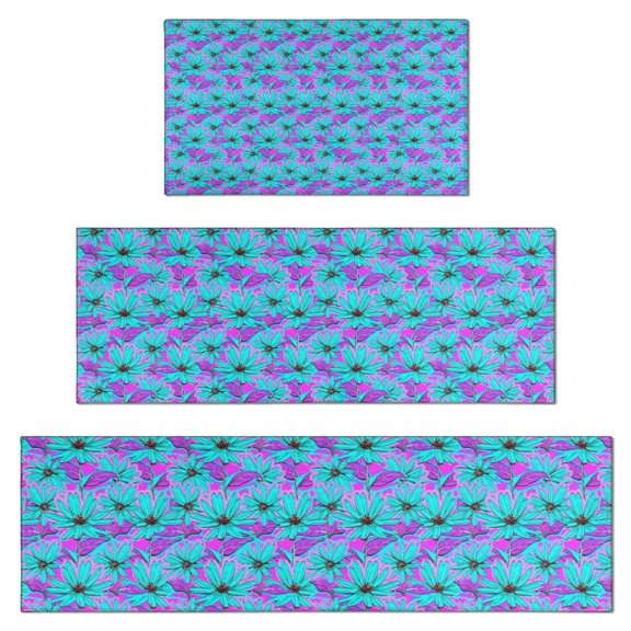 Daisy Flower Blue Blooms Pattern Kitchen Rugs Sets Of 3,Kitchen Runner Rugs Non Skid Washable,Decorative Kitchen Floor Mats for Kitchen,Sink,Laundry,17"x30"+ 17"x47" + 17"x59"