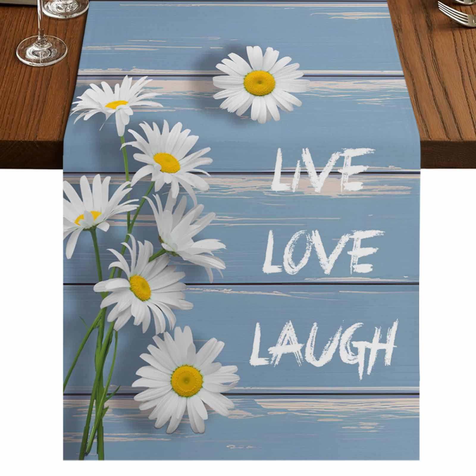 Daisy Flower Blue Burlap Cotton Table Runner 13x60 Inches Long ...