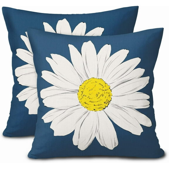 Daisy Flower Blue Pillow Covers 16x16 Inch White Petal Floral Bloom Decorative Pillow Cases Set of 2 Spring Summer Seasonal Farmhouse Throw Pillows for Cushion Sofa Couch Outdoor