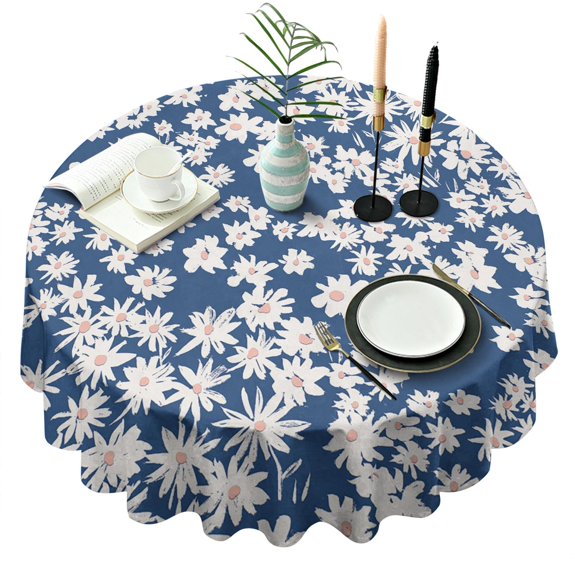Daisy Flower Blue Round Table Cloth,Wrinkle Free Table Cover with Polyester,Waterproof Reusable Round Table Cloths for Home Decor Summer Spring Picnic Dining Holiday (Round,60x60inch)
