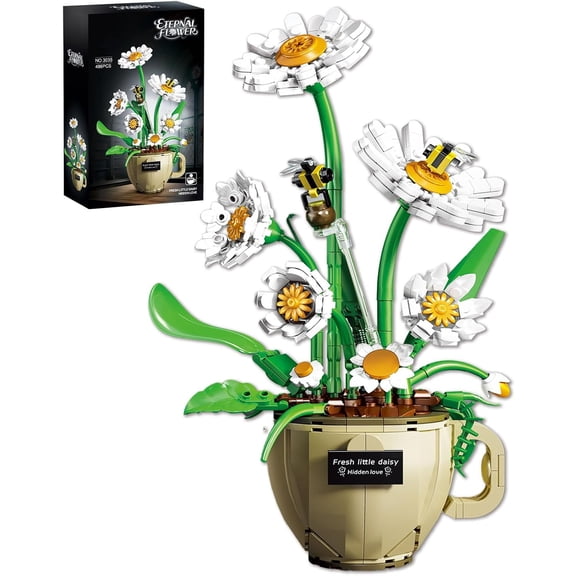 Daisy Flower Building Set with Coffee Cup Pot, 496PCS Botanical Plant Kit for Adults, DIY Decorative Desk & Home Office Decor, Creative Gift Idea