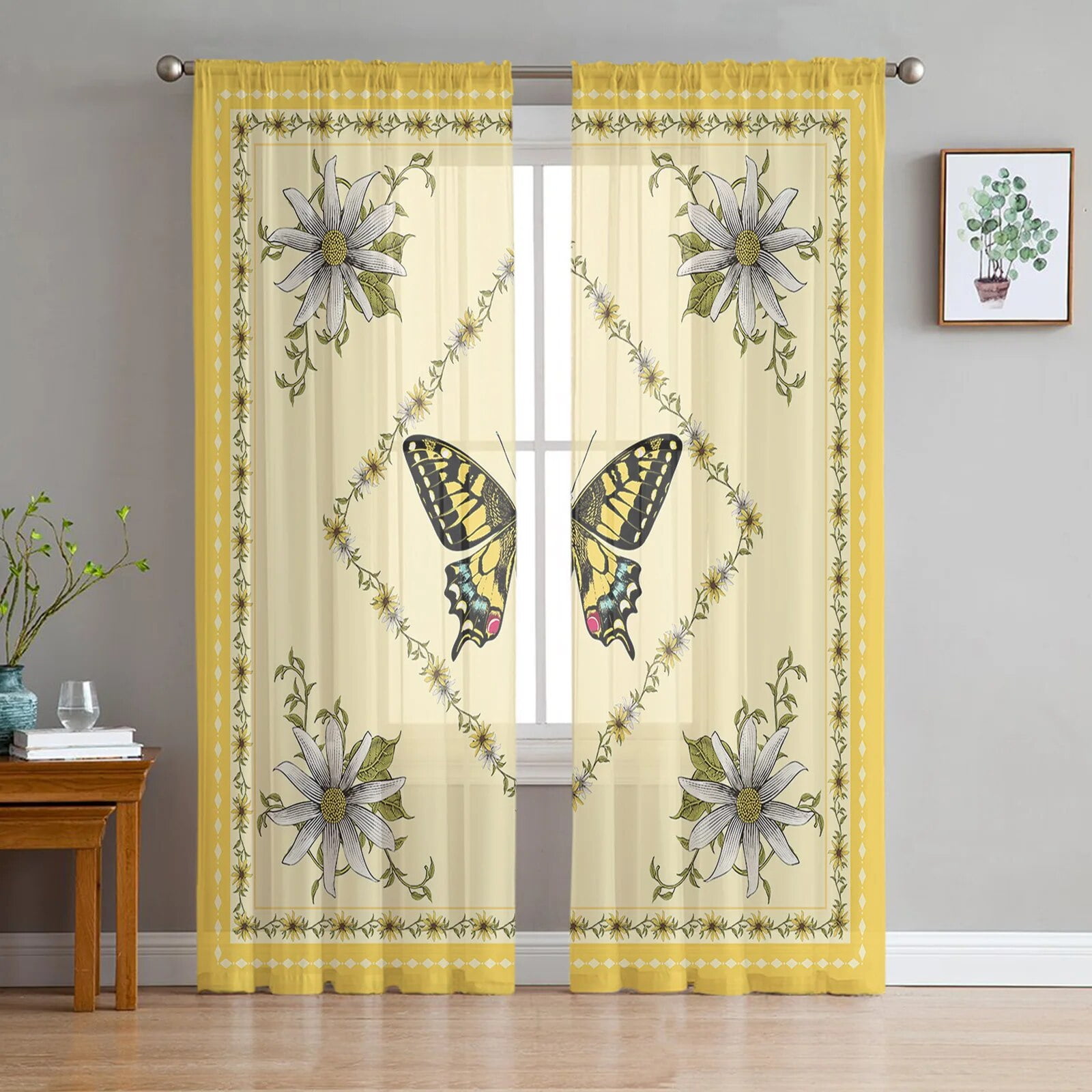 Daisy Flower Butterfly Curtain For Living Room Transparent Tulle ...