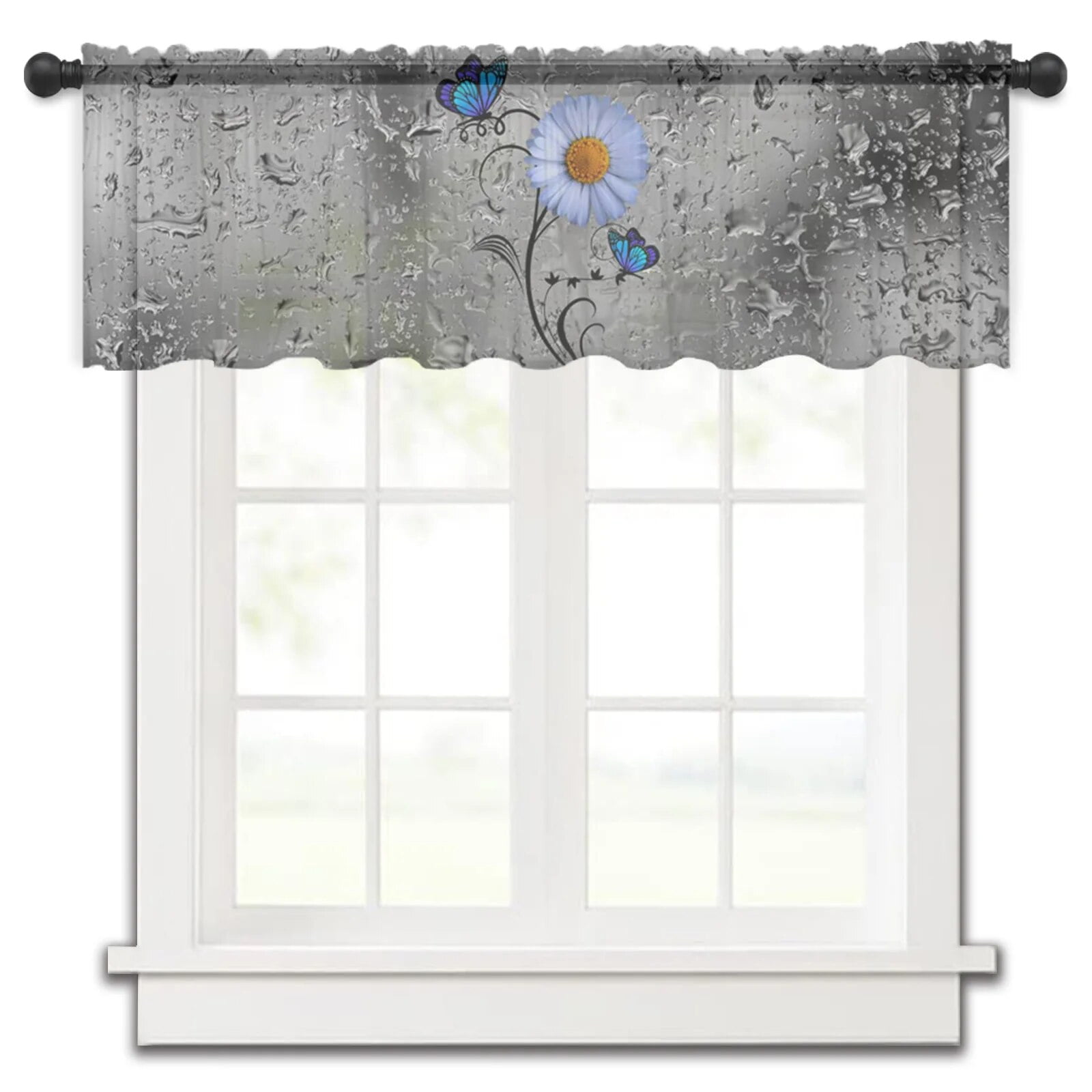 Daisy Flower Butterfly Glass Drops Rod Pocket Short Curtain Half
