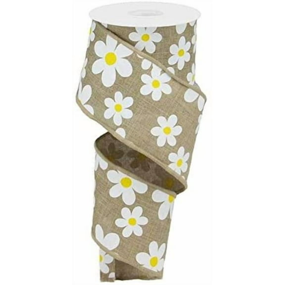 Daisy Flower Canvas Wired Edge Ribbon, 10 Yards Light Beige, 2.5"