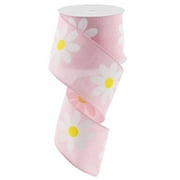 Daisy Flower Canvas Wired Edge Ribbon, 2.5" x 10 Yards Light Pink