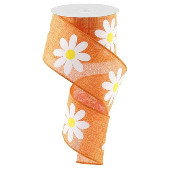 Daisy Flower Canvas Wired Edge Ribbon, 2.5" x 10 Yards (Orange)