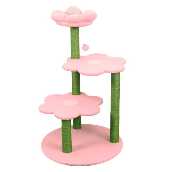 Daisy Flower Cat Tree Tower with 3 Wide Flower Platforms, Cozy Top Bed, Sisal Scratching Posts and Hanging Toy, Pink
