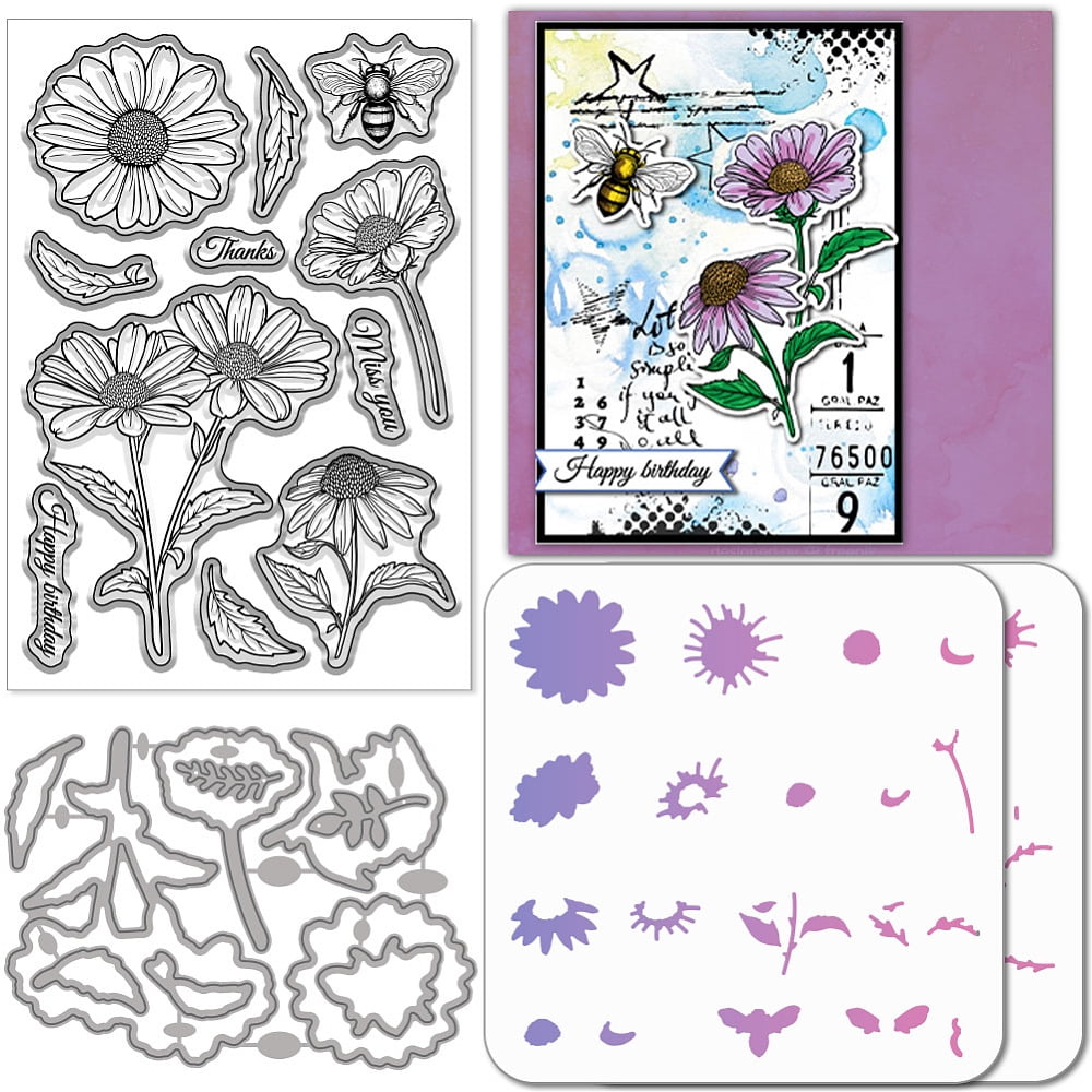Daisy Flower Clear Stamps and Bee and Flower Frame Cutting Dies with ...