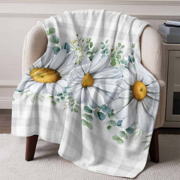Daisy Flower Eucalyptus Leaf Throw Blanket Flannel Fleece Throws, Farmhouse Gray Buffalo Plaid Lightweight Super Soft Warm Blankets for Couch Sofa Bed All Season Use, 50x60 in