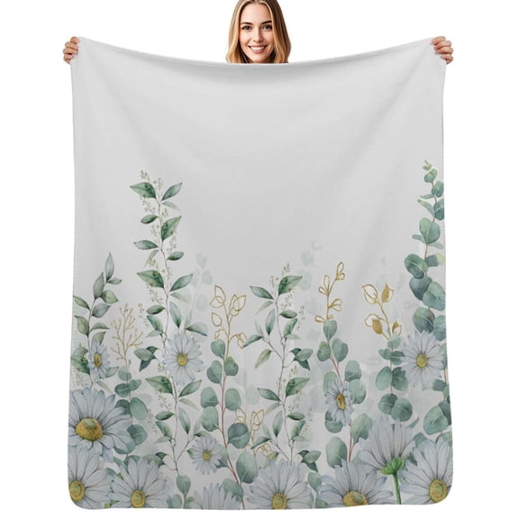 Daisy Flower Eucalyptus Leaves Summer Farm Plant Soft Blanket Travel Bedding Throws Flannel Bedspread Sofa Bed Cover