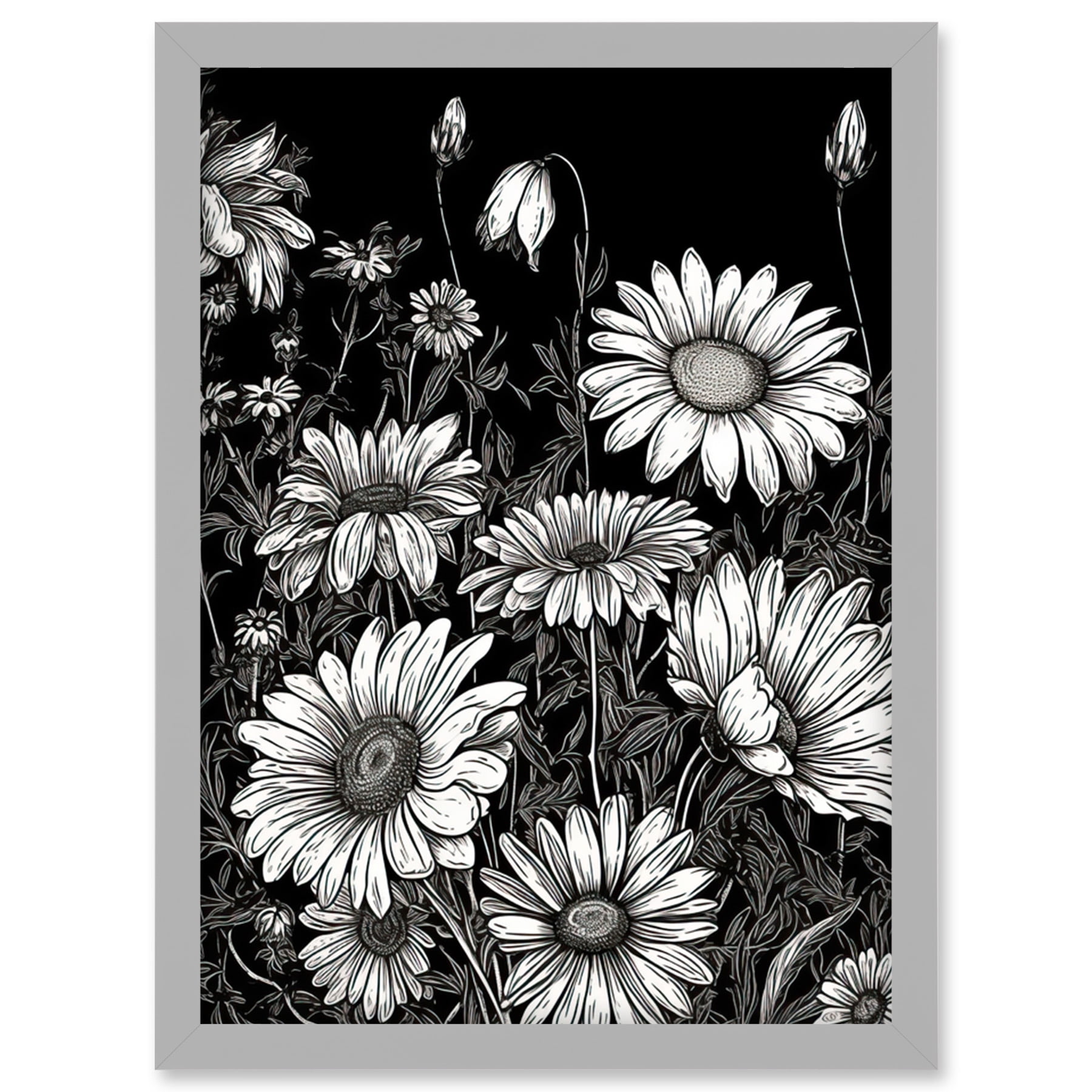 daisy-flower-field-black-and-white-illustration-artwork-framed-wall-art