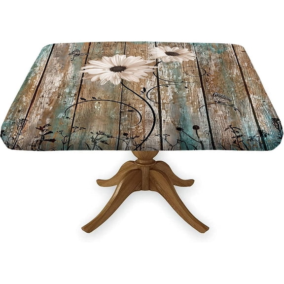 Daisy Flower Fitted Tablecloth Square, Old Rustic White Wooden Table Cover with Elastic Edge, Fits to 36x36 in Square Table, Great for Picnic, Camping, Indoor and Outdoor Use