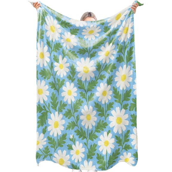 Daisy Flower Flannel Blanket Blue Background White Floral Lightweight Blankets 50x40inch Single Sided Print Throw for Sofa Couch Bed Spring Summer Decor Adults and Botanical Lovers Gifts