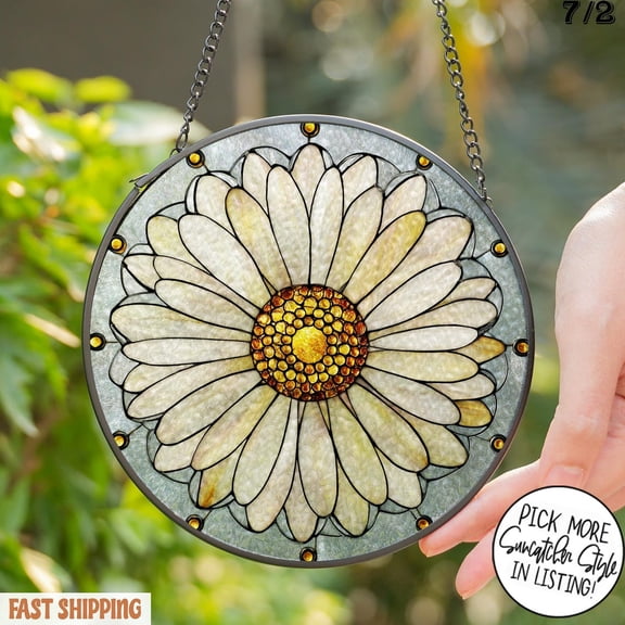 Daisy Flower Glass Suncatcher v8, Radiant Sunshine Bloom Art, Lucky Nature Lover, 3.5 in