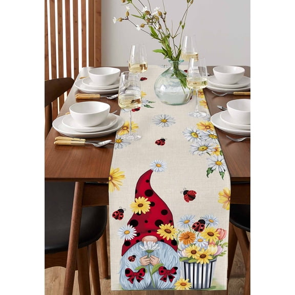 Daisy Flower Gnome Ladybug Table Runner 13x36in Non-Slip Cotton Linen Table Runners, Farm Watercolor Floral Retro Linen Dresser Scarves TableRunner for Dinner Kitchen Dining Wedding Party