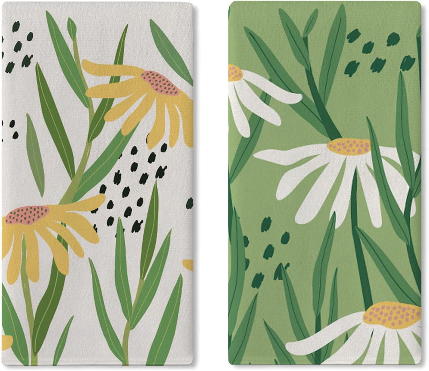 Daisy Flower Green Kitchen Dish Towels Set of 2, Yellow White Floral ...