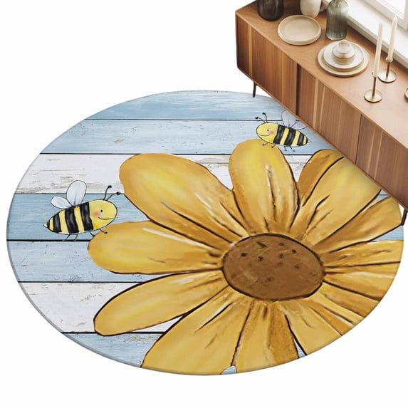 Daisy Flower Honeybees Area Rugs 4' (Round) Yellow Farmhouse Floral ...