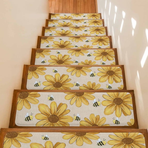 Daisy Flower Honeybees Stair Treads Non Slip for Steps Farmhouse Floral Rustic Linen Texture 10 Pcs Reusable Adhesive Stair Runner Mats for Dogs Elders Carpet Treads Rugs for Staircase 8x30 In