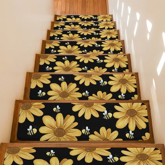 Daisy Flower Honeybees Stair Treads Non Slip for Steps Yellow Farmhouse Floral Black 7 Pcs Reusable Adhesive Stair Runner Mats for Dogs Elders Carpet Treads Rugs for Staircase 8x30 In