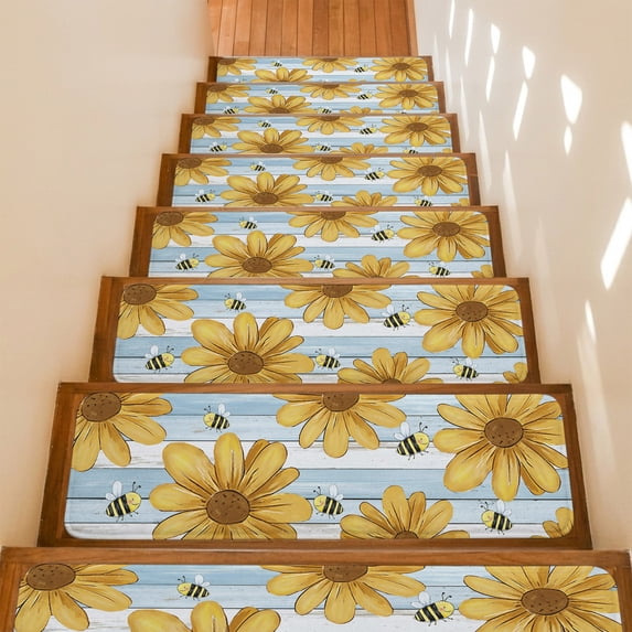 Daisy Flower Honeybees Stair Treads Non Slip for Steps Yellow Farmhouse Floral Blue Wood Grain 15 Pcs Reusable Adhesive Stair Runner Mats for Dogs Elders Carpet Treads Rugs for Staircase 8x30 In