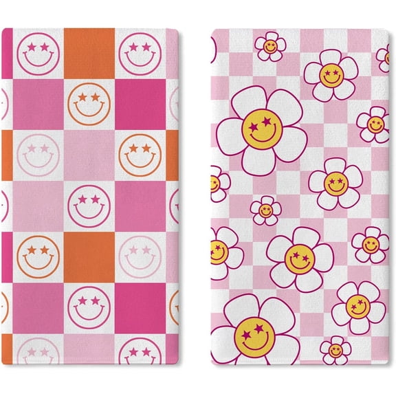 Daisy Flower Kitchen Dish Towels Set of 2, Retro Groovy Hippie Floral Drying Hand Towel Baking Cooking Cloth, Pink Checkered Smiling Bathroom Home Decoration 18'' x 26''
