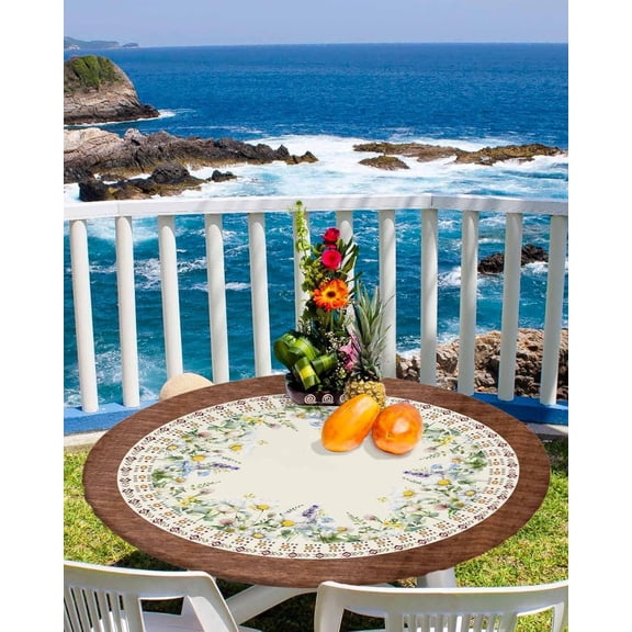 Daisy Flower Kitchen Fitted Tablecloth for Round Table,Boho Table Cover with Elastic Edge Waterproof Table Cloth,Eucalyptus Leaves Circle Table Covers for Picnic Party 45-52in