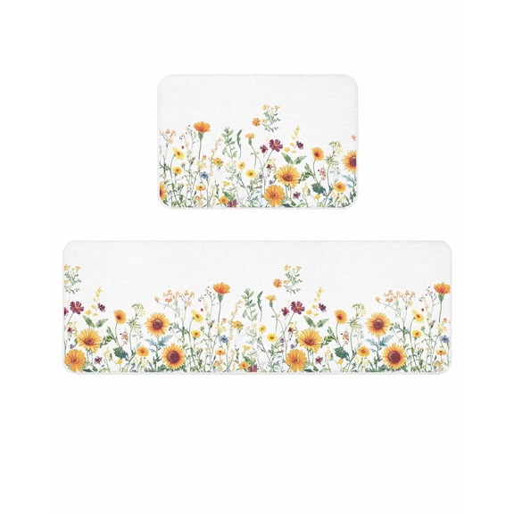Daisy Flower Kitchen Mats for Floor 2 Piece, Wildflower Leaf Plant Retro Absorbent Non-Slip Kitchen Rugs Comfort Standing Mat for Laundry, Hallways 20"x24"+20"x48"