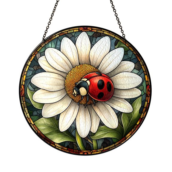 Daisy Flower Ladybug Window Hanging Stained Glass Suncatcher, Lively Garden Style Home Accent