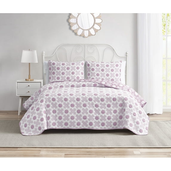 Daisy Flower Lilac 3-Piece Soft Matelasse Jacquard Cotton Blend Quilt Set - Full/Queen