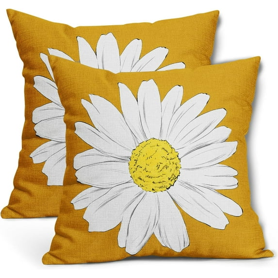 Daisy Flower Mustard Pillow Covers 20x20 Inch White Petal Floral Bloom Decorative Pillow Cases Spring Summer Seasonal Square Cushion Covers Farmhouse Home Decor For Porch Couch Outdoor Set of 2