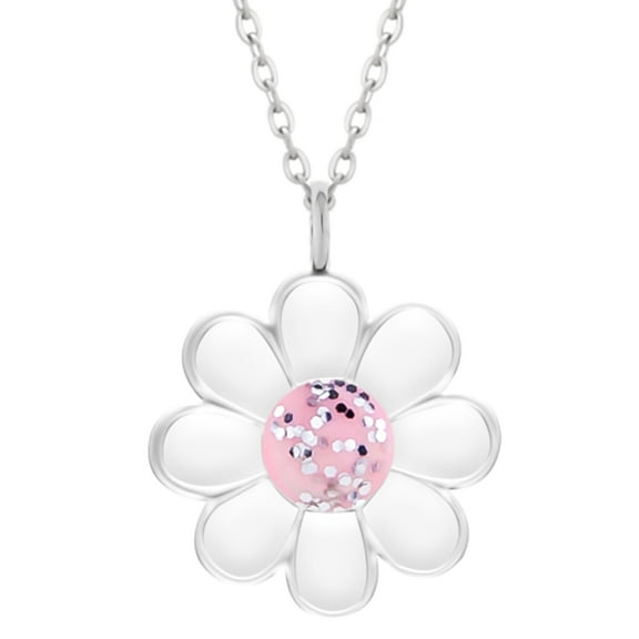 Daisy Flower Necklace 925 Sterling Silver with Pink Glitter