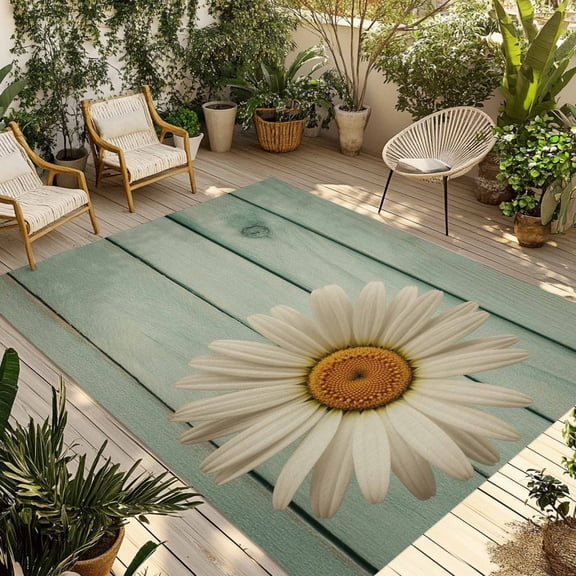 Daisy Flower Outdoor Rug 3x5 Ft - Reversible Patio Rug Outdoor Camping Rugs, Modern Art Floral Farmhouse Teal Wooden Grain Indoor Outdoor Area Rugs, Non-Slip Outdoor Carpet Runner for Deck/Porch