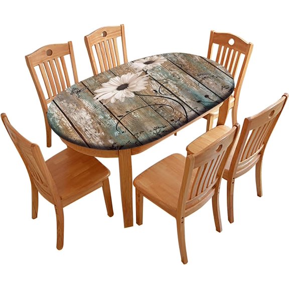Daisy Flower Oval Fitted Tablecloths, Old Rustic Wooden Elastic Edged Polyester Fitted Table Cover, for Spring Holiday and Indoor Outdoor Picnic Dining Table Decor, 48*6848" x 68" (Oval)