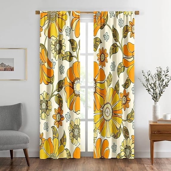 Daisy Flower Pattern Window Drapes Curtain Colorful Large Floral Retro 70S Style Rod Pocket Drapes Curtain For Living Room Home Decor 53"W x 84"L (Pack of 2)