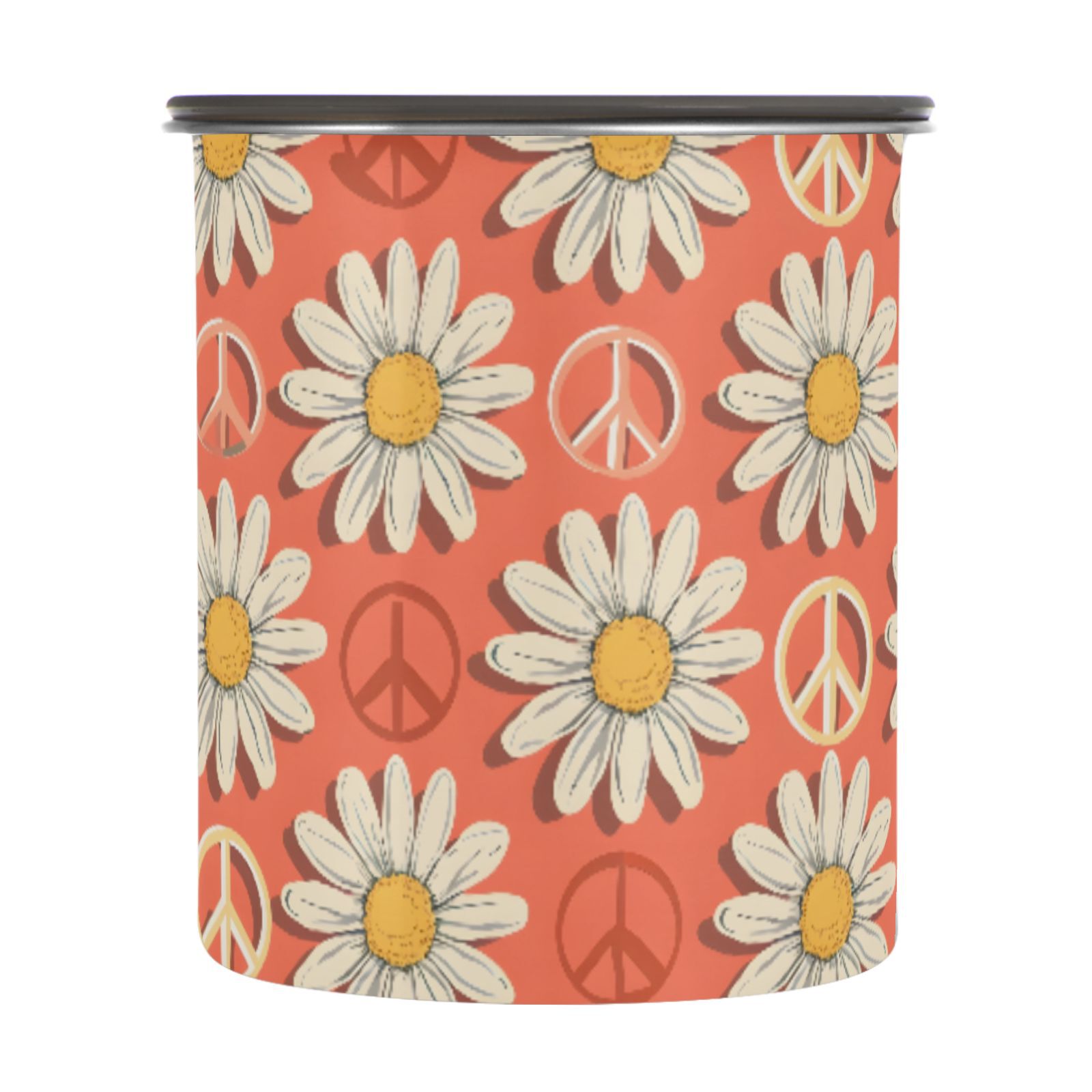 Daisy Flower Peace Symbol Airtight Coffee Bean Canister 30oz Food Storage Containers with Lids For Gournd, Tea, Sugar, Flour, Rice, Cereal, Candy Cookie Jar