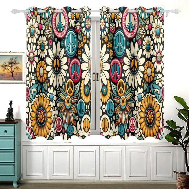 Daisy Flower Peace Symbol Curtain Black Out Thermal Insulation Curtains