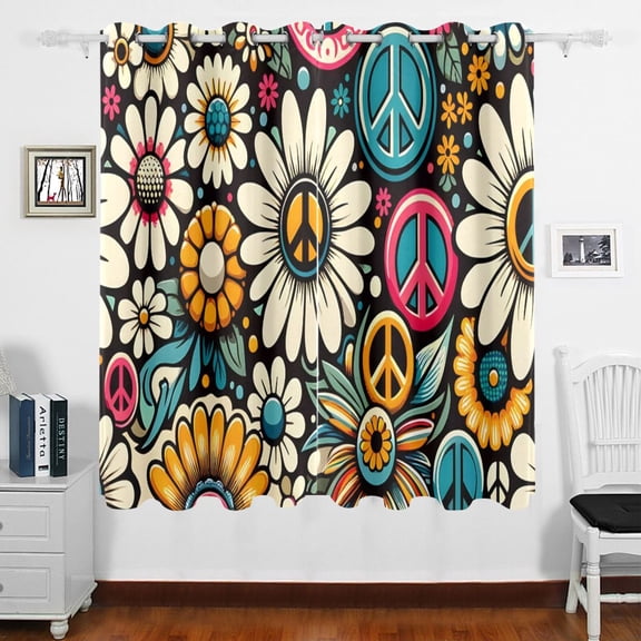 Daisy Flower Peace Symbol Curtains Black Out 63 Inch Length Curtains for Sliding Glass Doors Bedroom Living Room 2 Panels Set