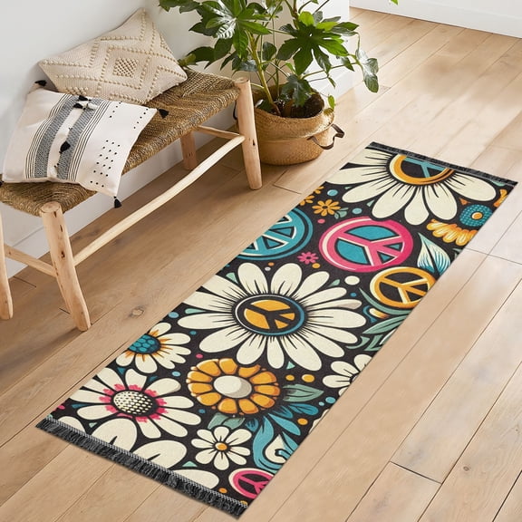 Daisy Flower Peace Symbol Runner Rug Machine Washable Area Rugs Carpet Non Slip Entryway Mat for Bedroom Entryway Front Door
