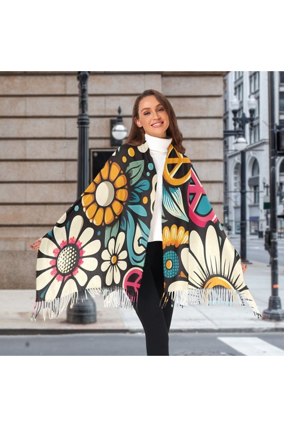Daisy Flower Peace Symbol Winter Scarf for Women Fashion Warm Long Soft Blanket Scarves Gifts