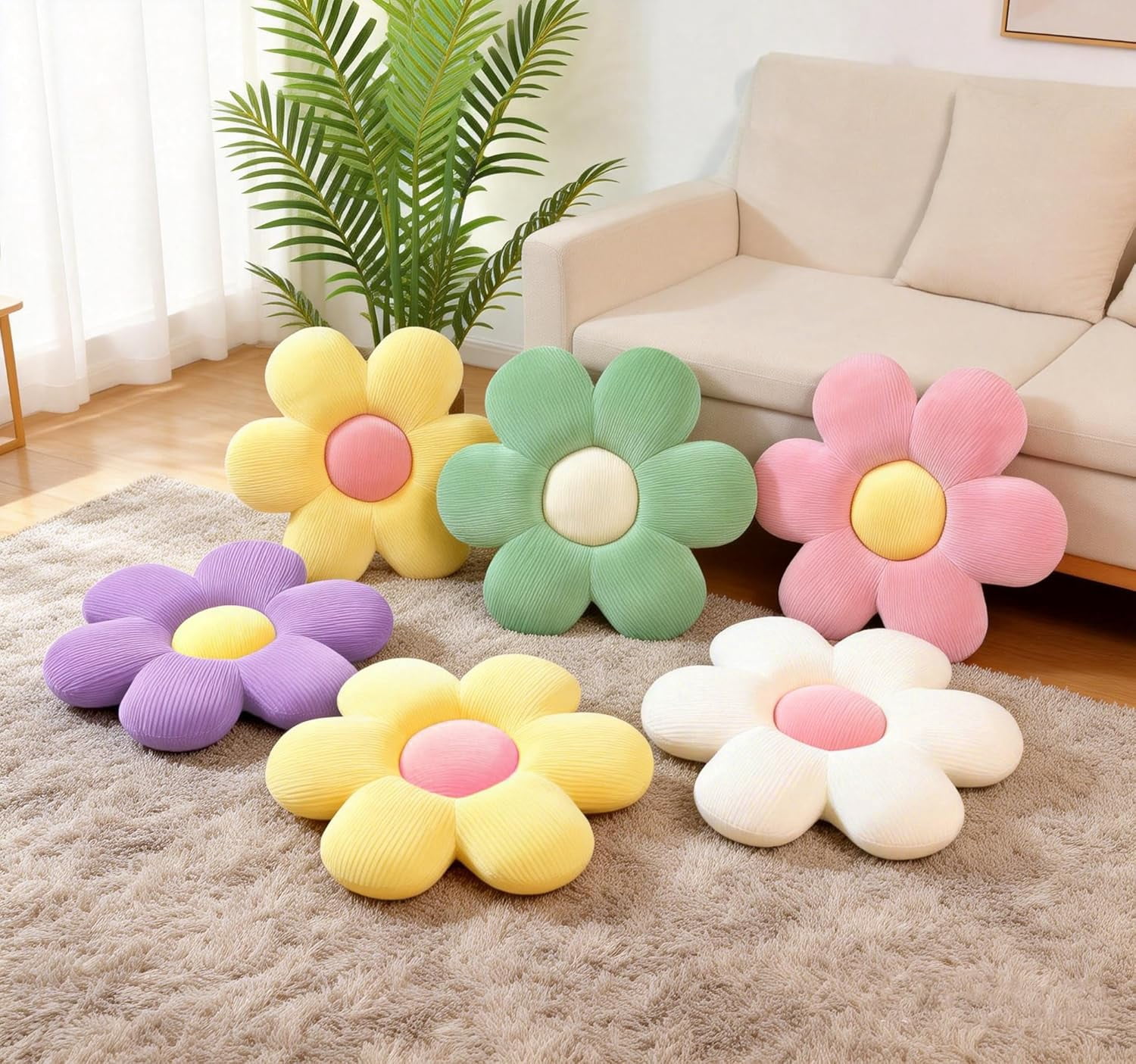 Daisy Flower Pillow, Floor Pillows, White Flower Shaped Throw Pillow Cushion for Sofa, Couch, Chair, Bed, Room Decor