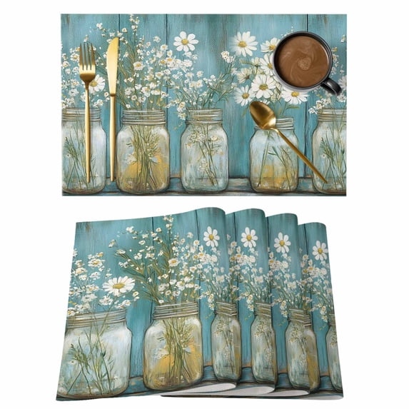 Daisy Flower Placemats Set of 12 Vintage Floral Oil Painting Modern Wood Place Mats Indoor Wipeable Table Mats Washable Cloth Dining Table Placemats for Kitchen Holiday Party Home Decor 13x19 Inch