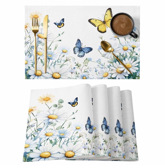 Daisy Flower Placemats Set of 4 Blue Yellow Butterfly Farmhouse Botanical Heat Insulation Washable Place Mats, Rustic Non-Slip Table Mats for Dining Table Party Kitchen Decor,13x19 Inch